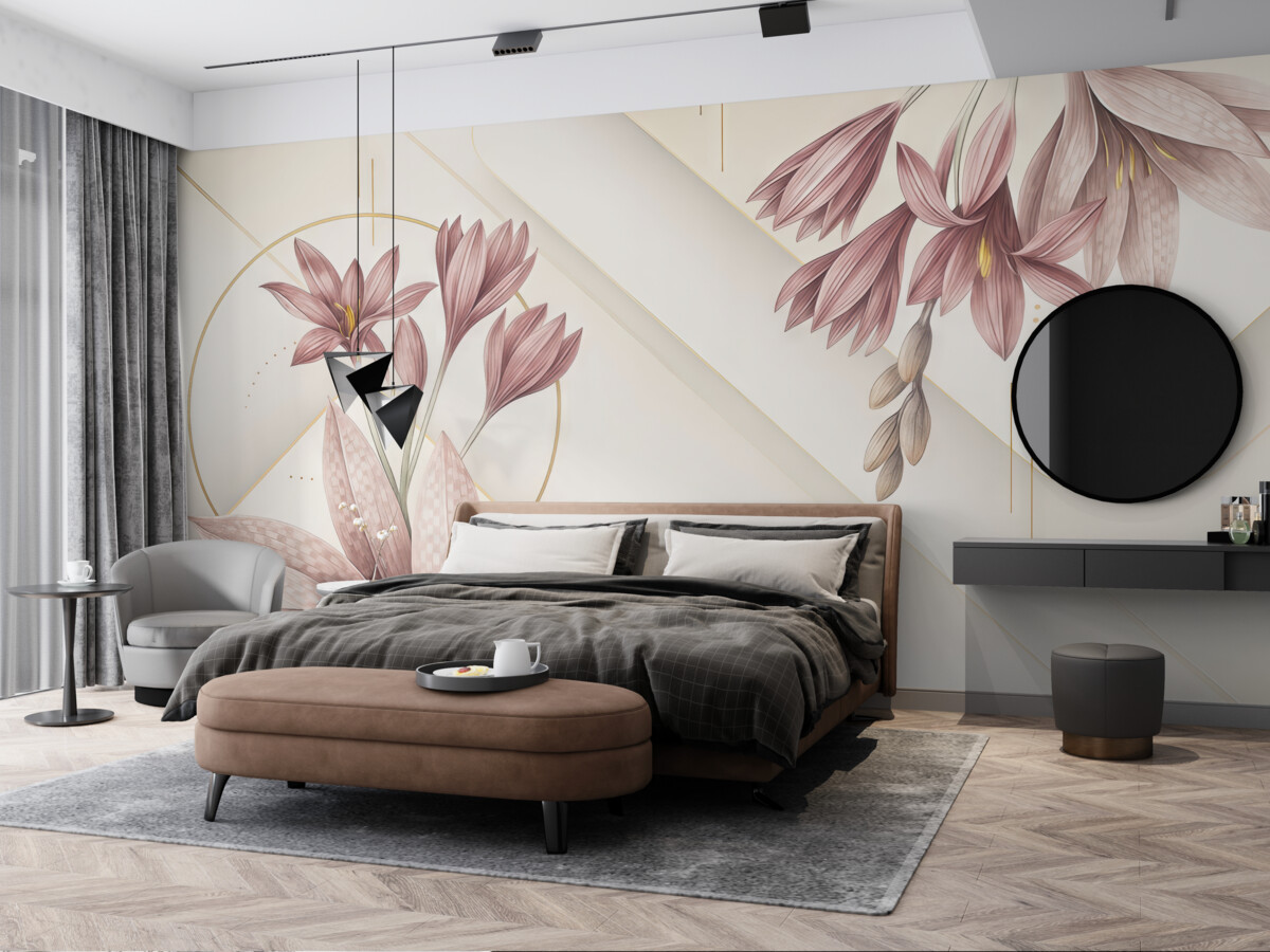 Fototapeta Wielkie, intensywne fioletowe kwiaty z subtelnymi płatkami na jasnym, geometrycznym tle.