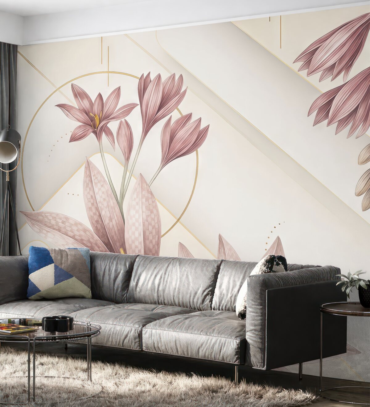 Fototapeta Wielkie, intensywne fioletowe kwiaty z subtelnymi płatkami na jasnym, geometrycznym tle.