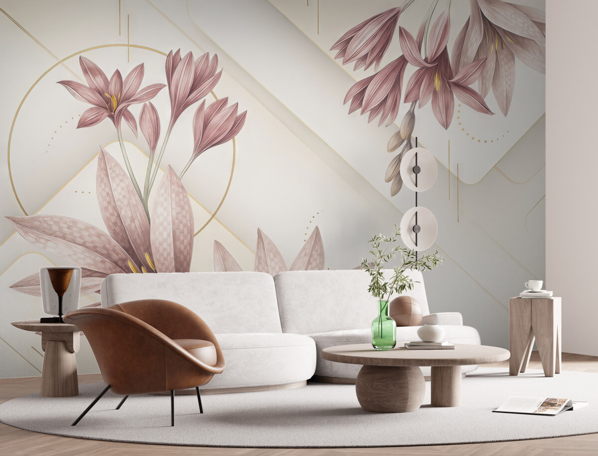 Fototapeta Wielkie, intensywne fioletowe kwiaty z subtelnymi płatkami na jasnym, geometrycznym tle.