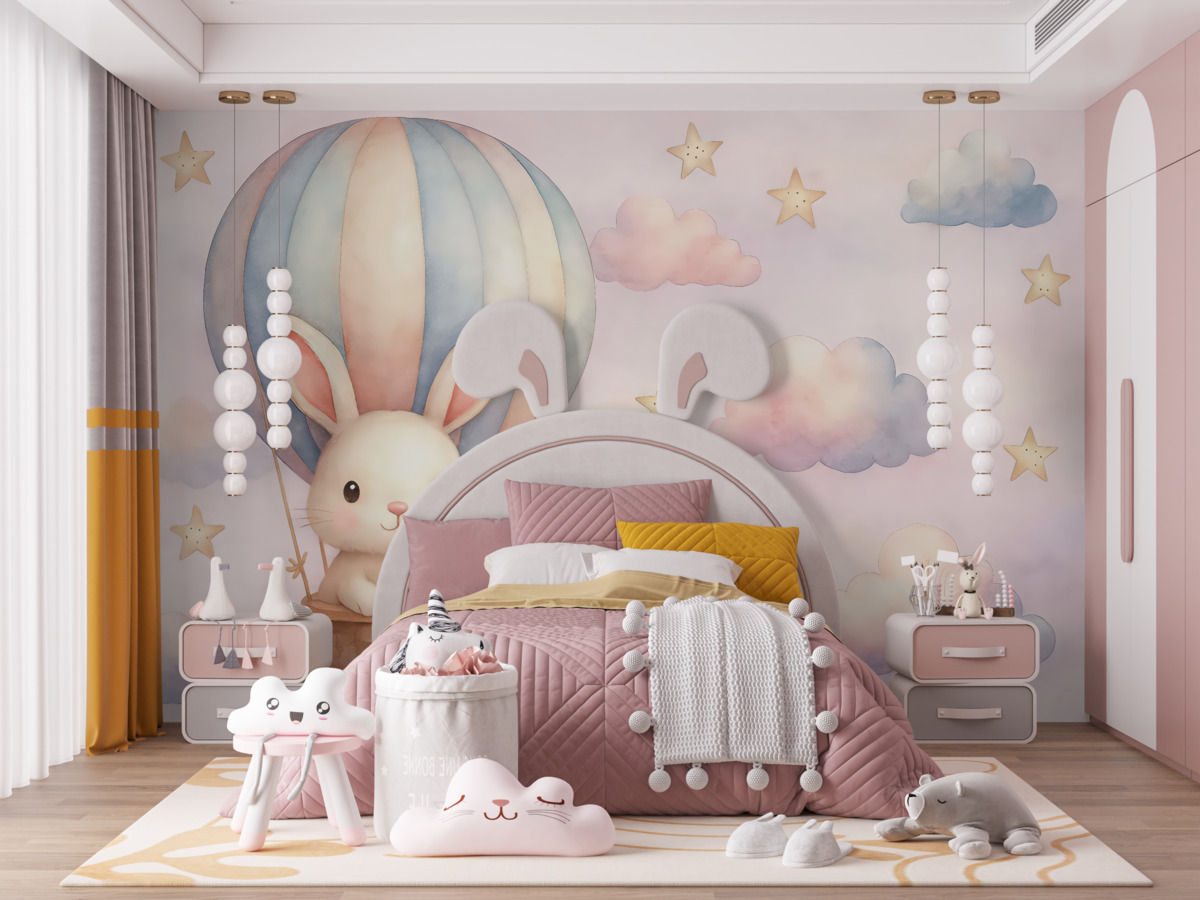 Fototapeta Królik unoszący się w balonie.