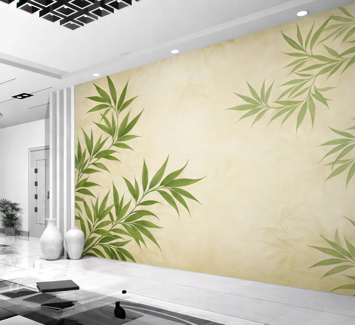 Fototapeta Gałązki roślin, bambus, styl retro, tekstura tła, kolor żółty, zielony.