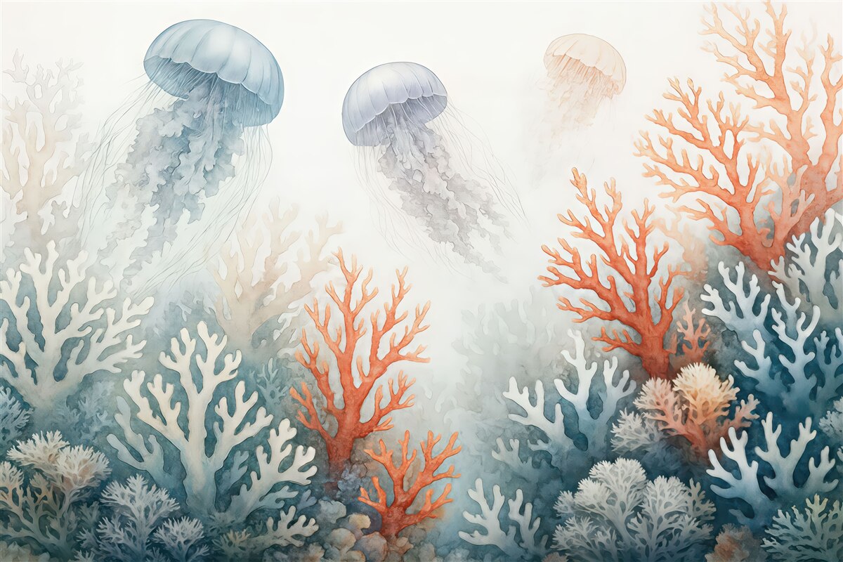 Fototapeta Korale oceaniczne, pływające meduzy, akwarelowe, szarawy, niebieskawy, czerwony.