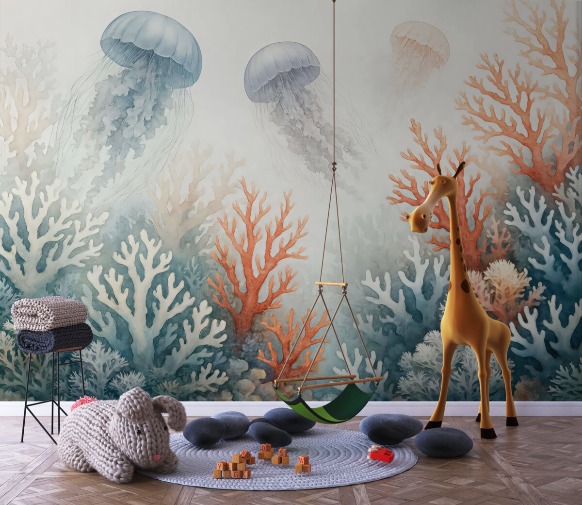 Fototapeta Korale oceaniczne, pływające meduzy, akwarelowe, szarawy, niebieskawy, czerwony.