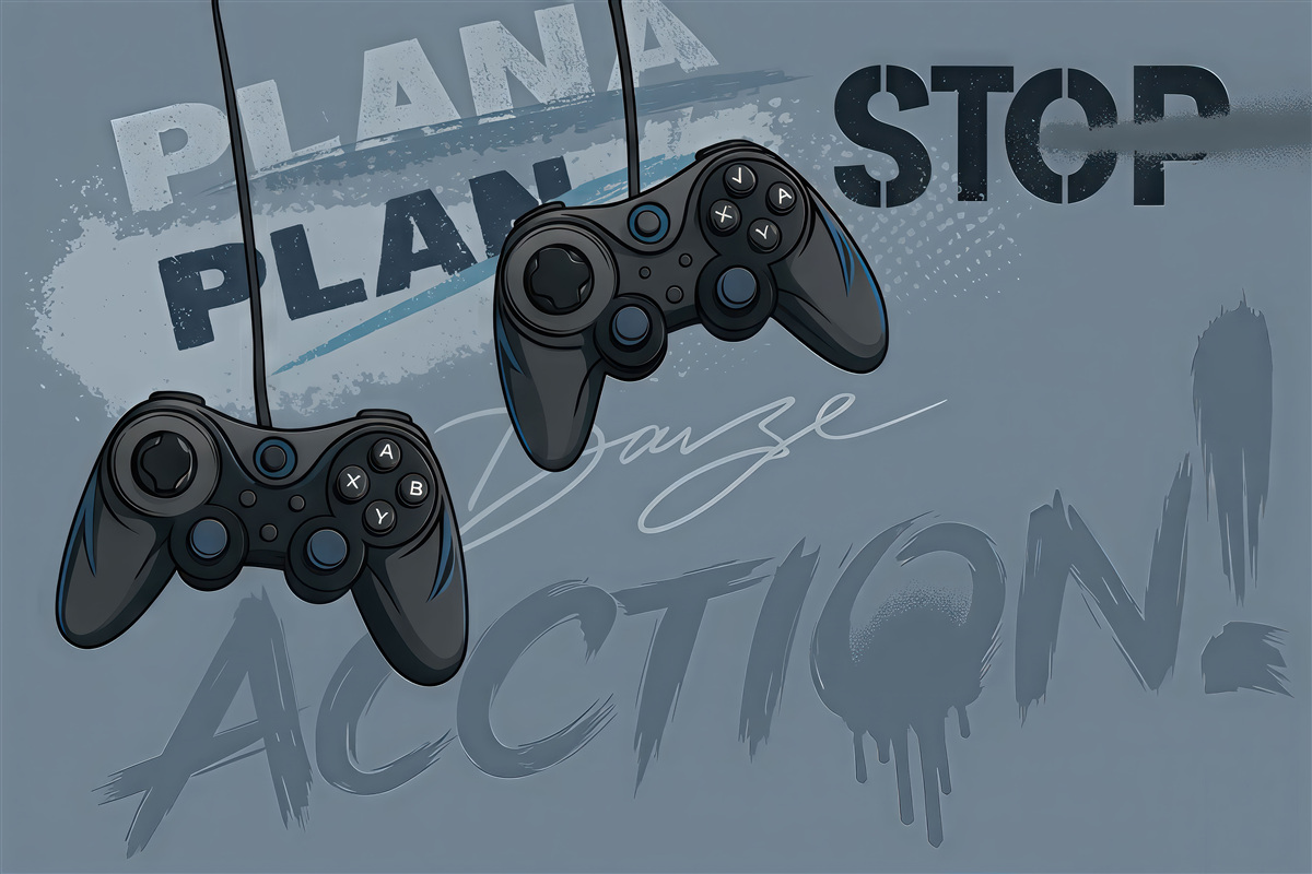 Fototapeta Tapeta dla młodzieży z joystickami i graficznymi napisami w odcieniach niebieskich.