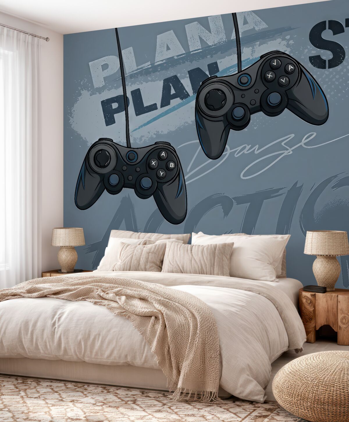 Fototapeta Tapeta dla młodzieży z joystickami i graficznymi napisami w odcieniach niebieskich.