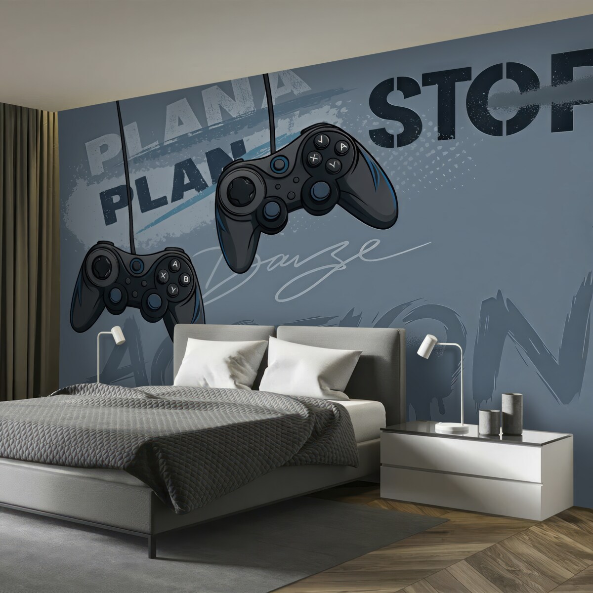 Fototapeta Tapeta dla młodzieży z joystickami i graficznymi napisami w odcieniach niebieskich.