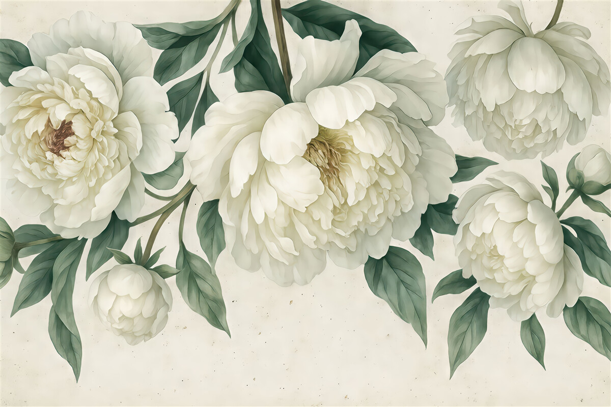 Fototapeta Białe, duże piwonie z zielonymi liśćmi na jasnym tle z fakturą.