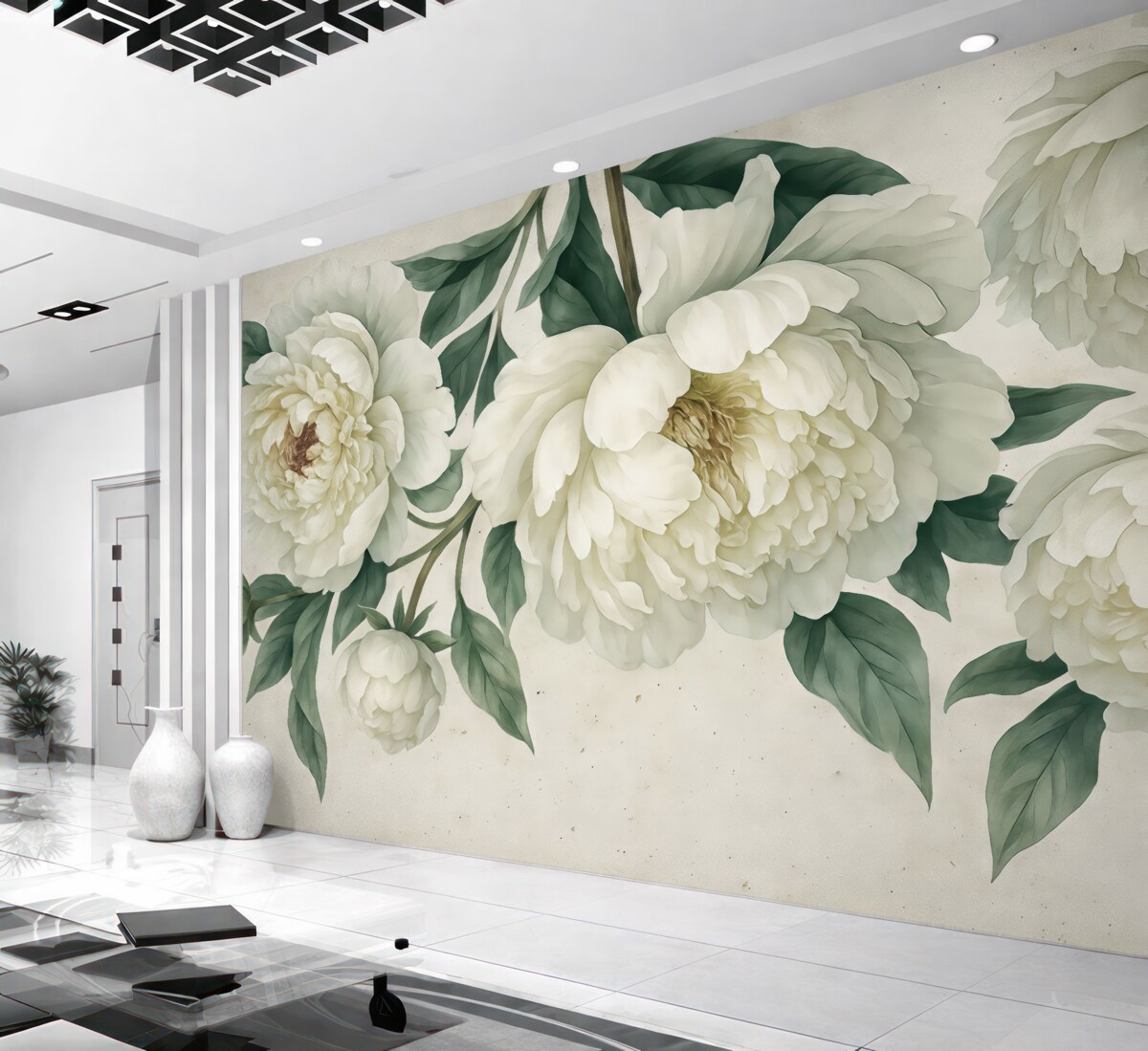 Fototapeta Białe, duże piwonie z zielonymi liśćmi na jasnym tle z fakturą.