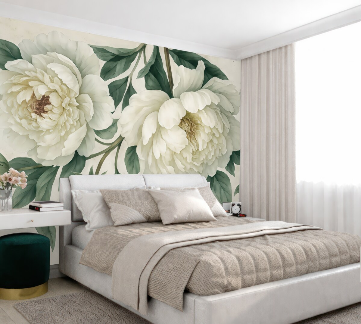 Fototapeta Białe, duże piwonie z zielonymi liśćmi na jasnym tle z fakturą.