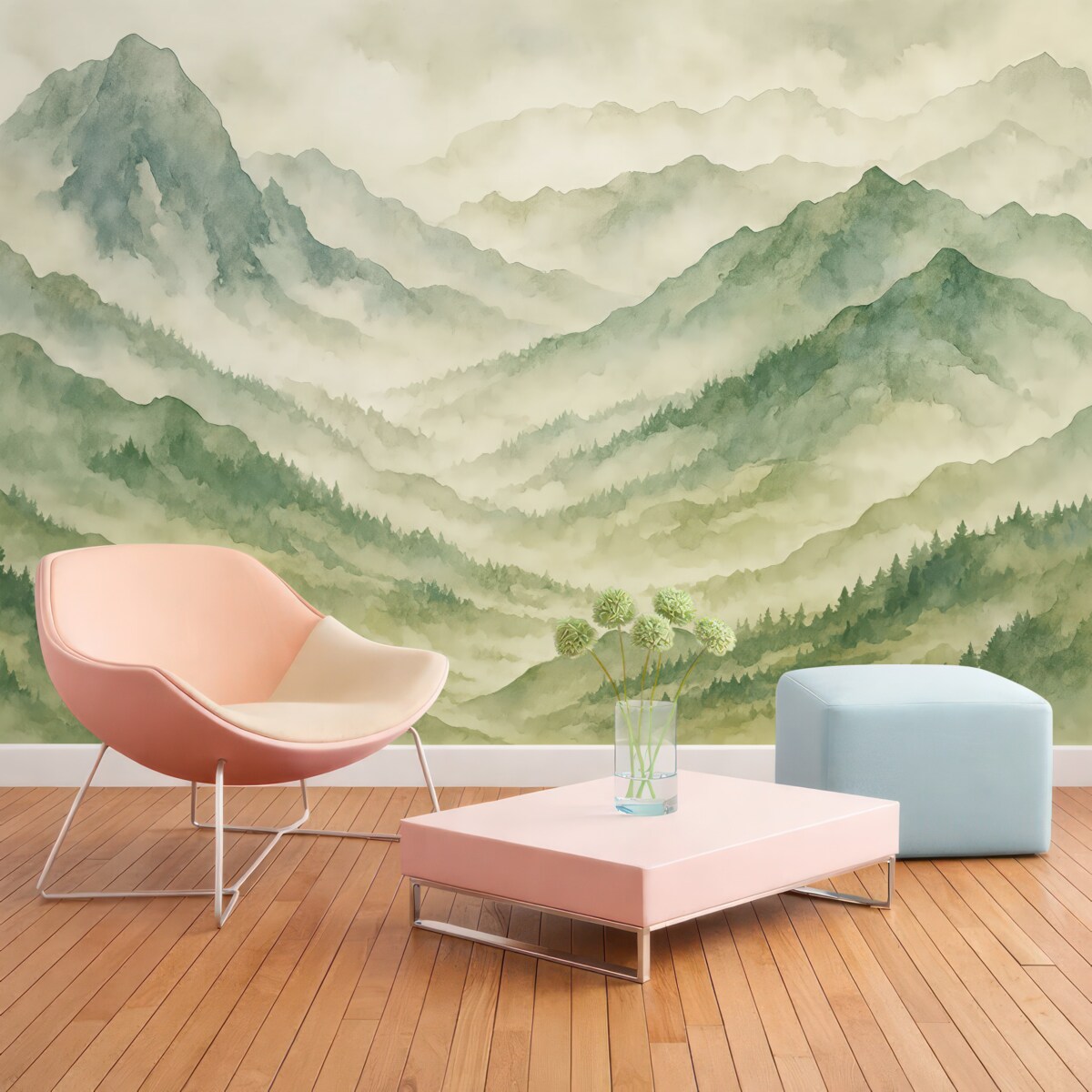 Fototapeta Pasma górskie w akwareli, pejzaż, pejzaż, zielony, szary, odcień sepii.