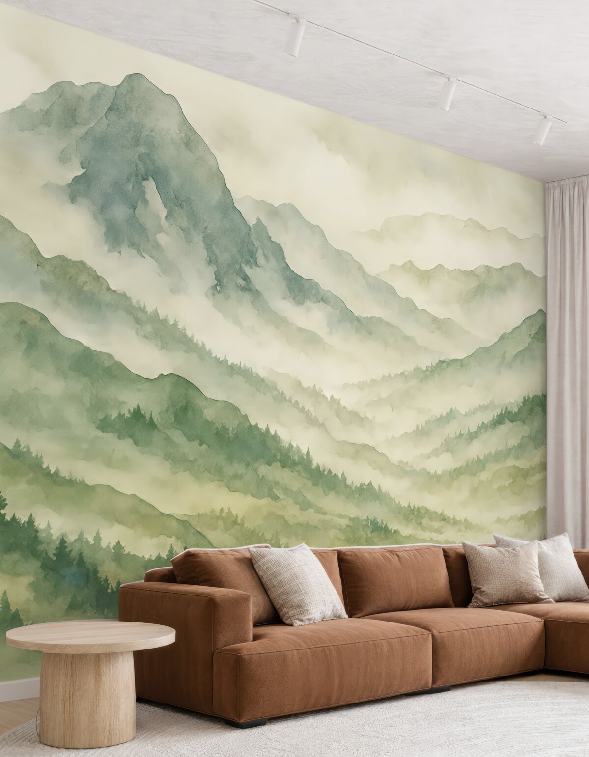 Fototapeta Pasma górskie w akwareli, pejzaż, pejzaż, zielony, szary, odcień sepii.