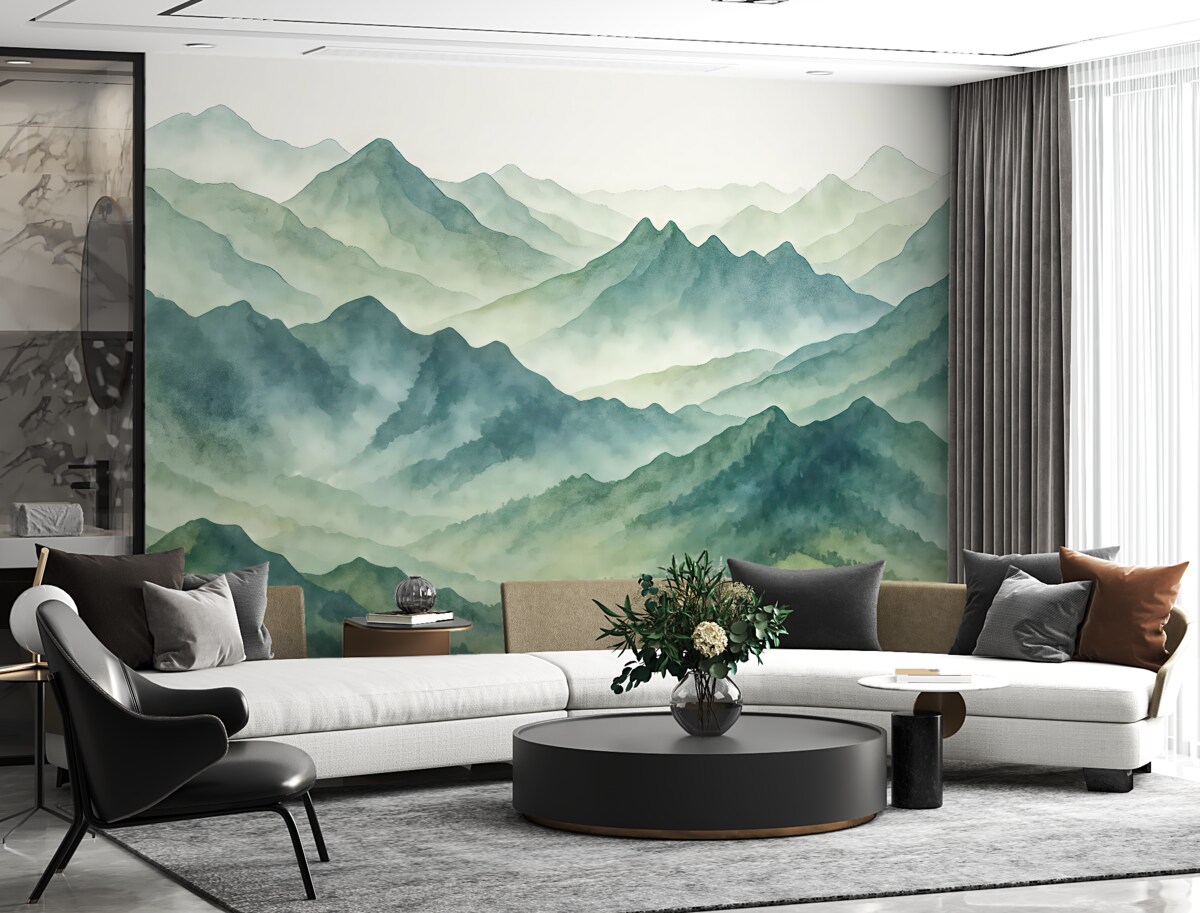 Fototapeta Szczyty gór i przełęcze, akwarela, pejzaż, widok, kolor błękitny, szary.