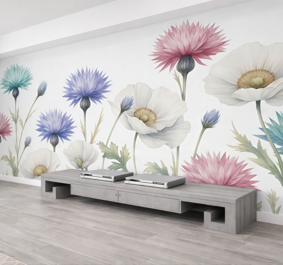 Fototapeta Kwiaty polne, białe maki, chabry w akwareli, niebieski, różowy, zielony.