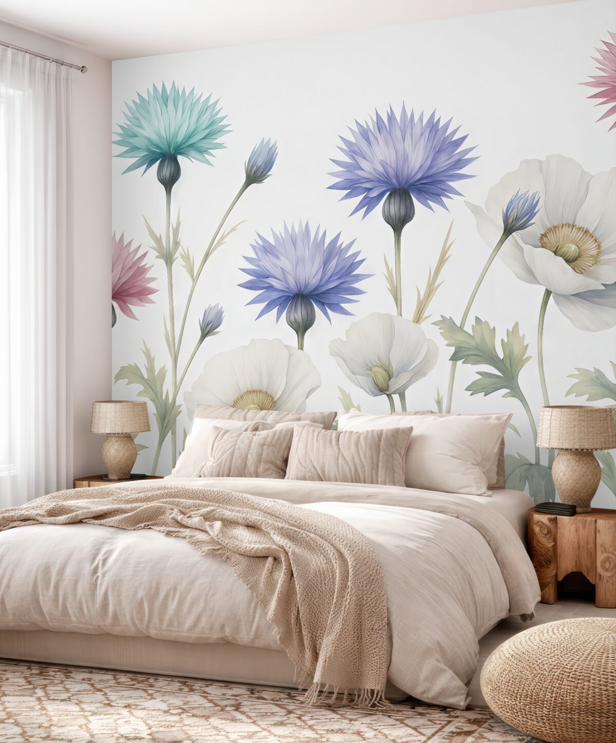 Fototapeta Kwiaty polne, białe maki, chabry w akwareli, niebieski, różowy, zielony.