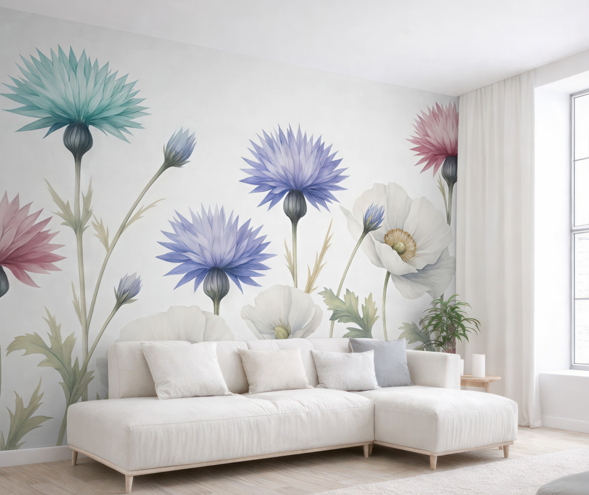 Fototapeta Kwiaty polne, białe maki, chabry w akwareli, niebieski, różowy, zielony.