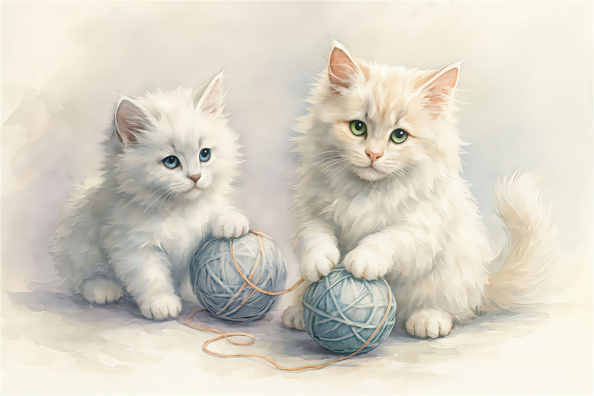 Fototapeta Białe, puszyste koty z niebieskim kłębuszkiem włóczki, akwarela.