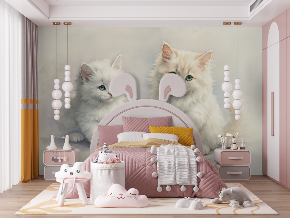 Fototapeta Białe, puszyste koty z niebieskim kłębuszkiem włóczki, akwarela.