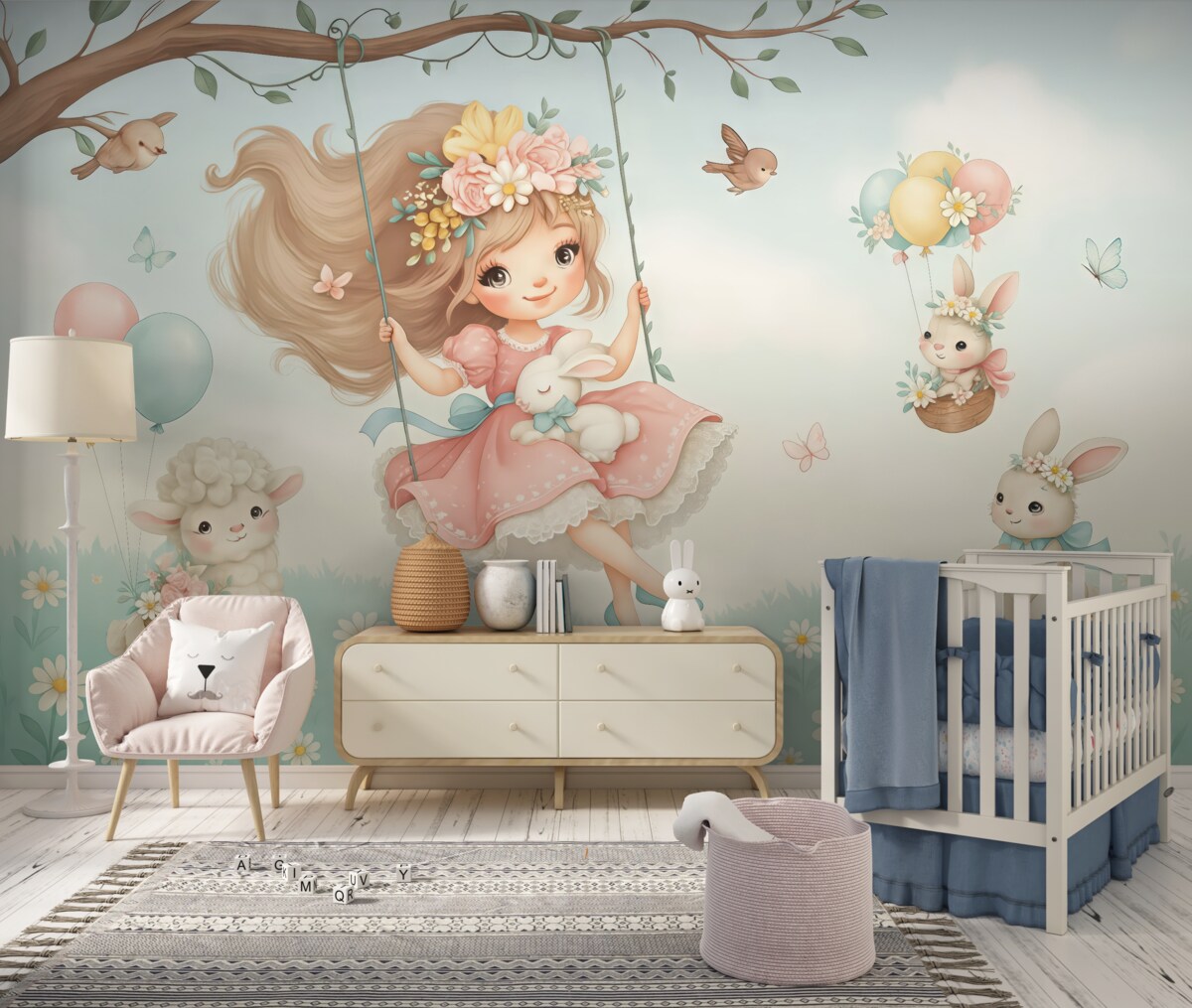 Fototapeta Pejzaż z dziewczyną na huśtawce i sympatycznymi zwierzętami.