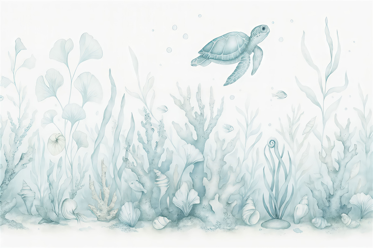 Fototapeta Akwarela koralowce, muszki, żółwik, życie oceaniczne, subtelne niebieskie odcienie.