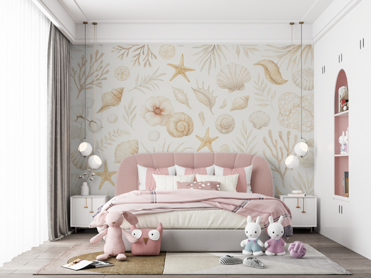 Fototapeta Akwarela o motywie marynistycznym, styl boho, muszki, koralowce, bawełna, odcienie beżu.