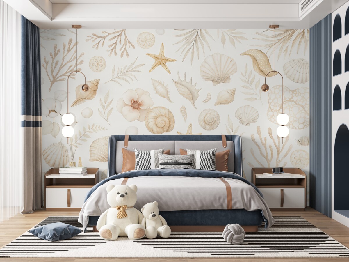 Fototapeta Akwarela o motywie marynistycznym, styl boho, muszki, koralowce, bawełna, odcienie beżu.