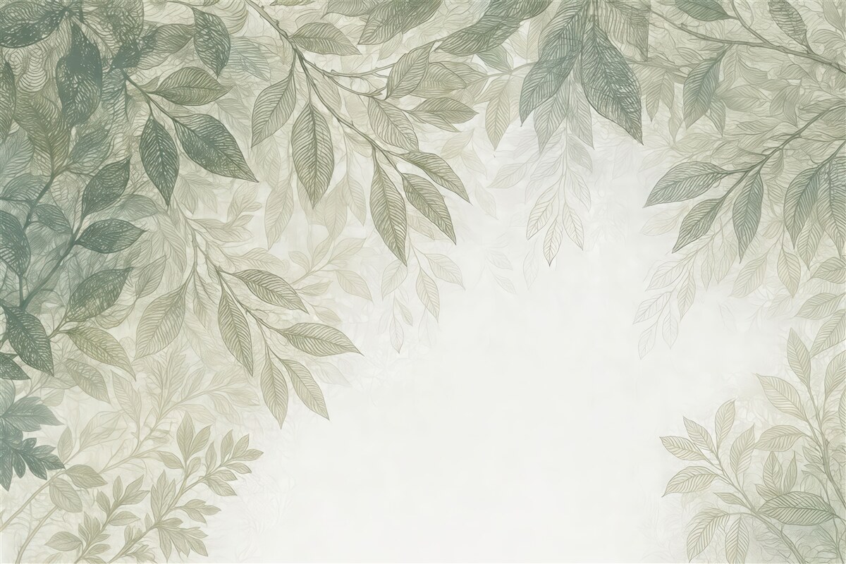 Fototapeta Delikatne, mgłą otoczone liście w tonacjach zieleni i szarości na jasnym tle ilustracji.