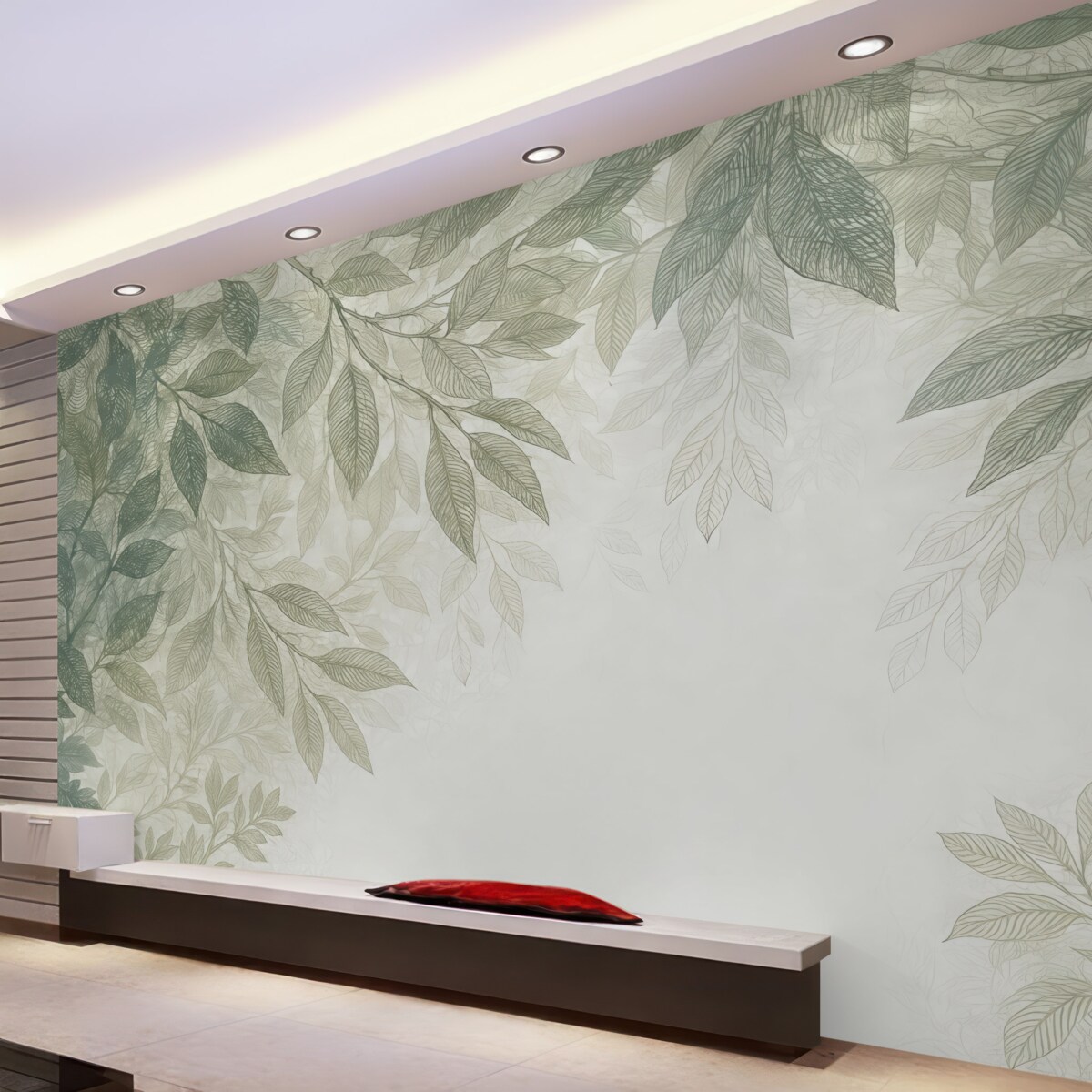 Fototapeta Delikatne, mgłą otoczone liście w tonacjach zieleni i szarości na jasnym tle ilustracji.