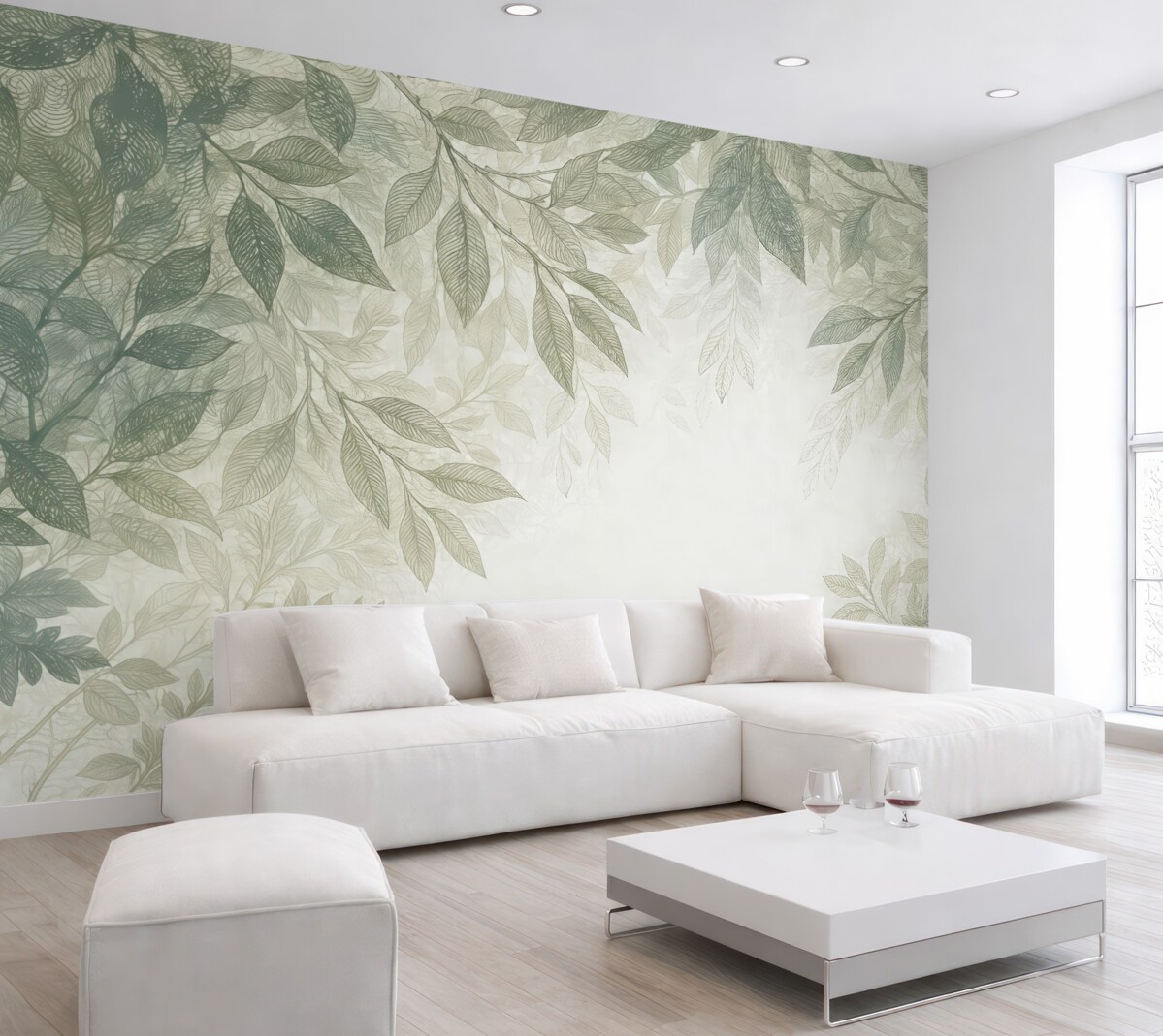 Fototapeta Delikatne, mgłą otoczone liście w tonacjach zieleni i szarości na jasnym tle ilustracji.