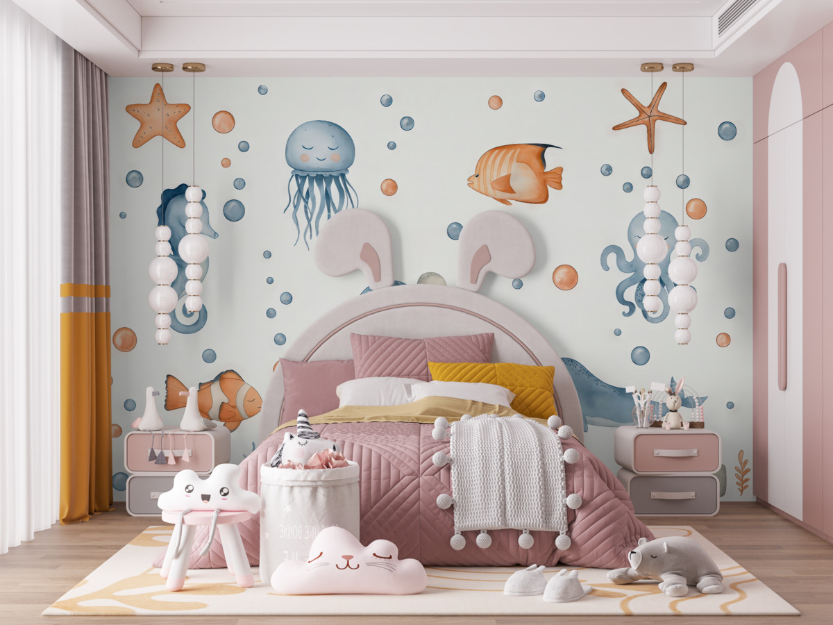 Fototapeta Śmieszne morskie istoty pod bąbelkami.