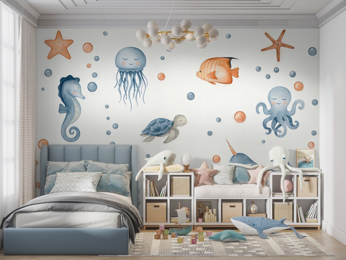 Fototapeta Śmieszne morskie istoty pod bąbelkami.