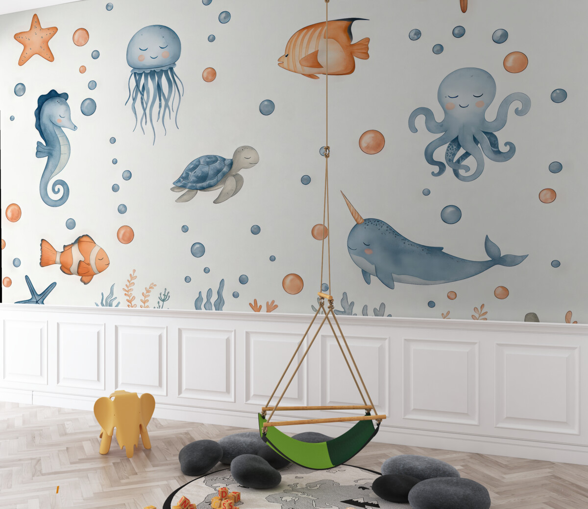 Fototapeta Śmieszne morskie istoty pod bąbelkami.