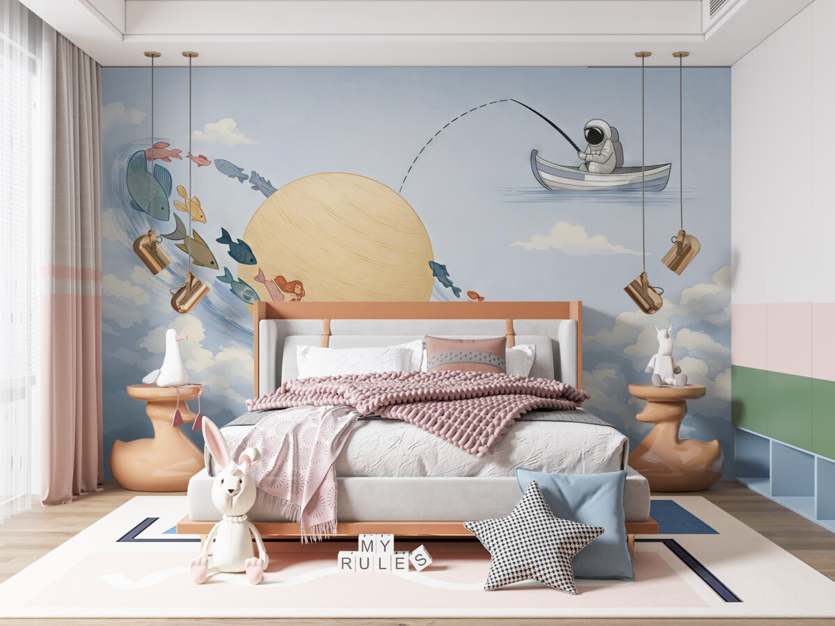 Fototapeta Astronauta, Księżyc oraz niebieska ryba.