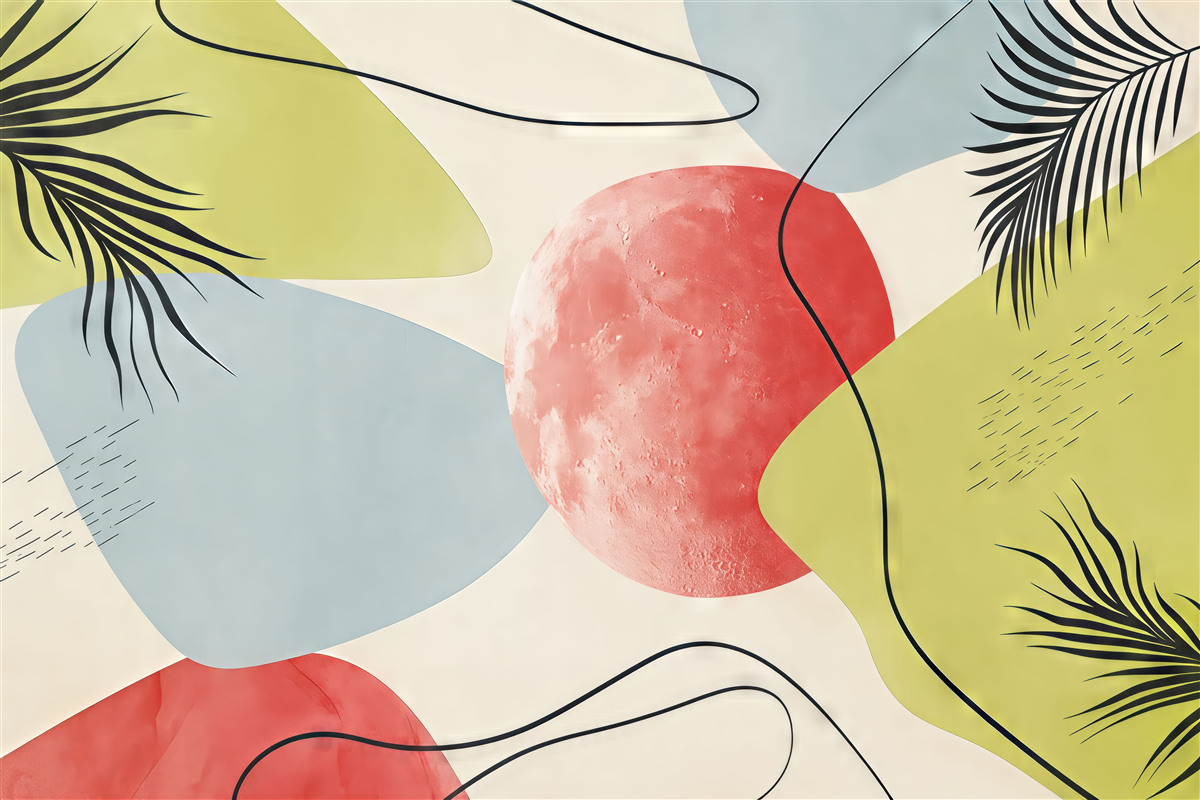 Fototapeta Abstrakcyjne plamy faktury, boho, liść palmy, linie, teksturowane, zielone, czerwone, niebieskie.