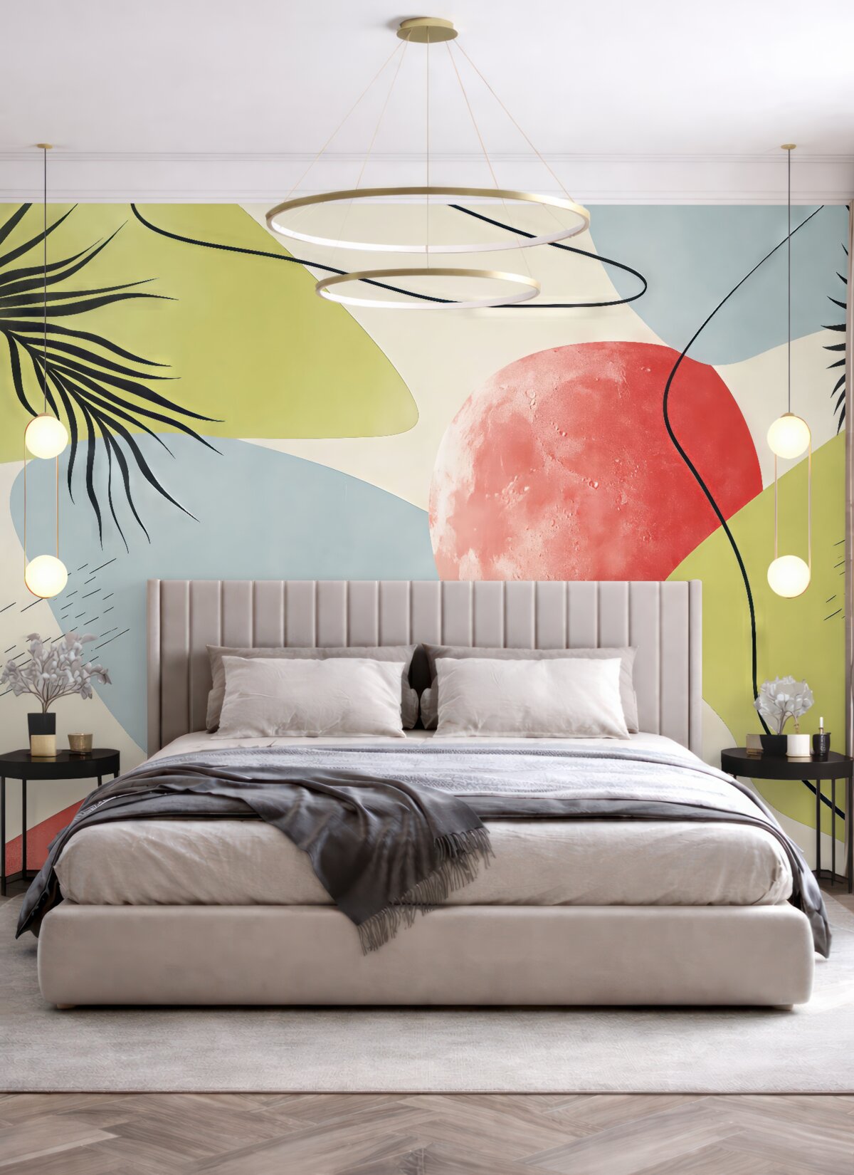 Fototapeta Abstrakcyjne plamy faktury, boho, liść palmy, linie, teksturowane, zielone, czerwone, niebieskie.