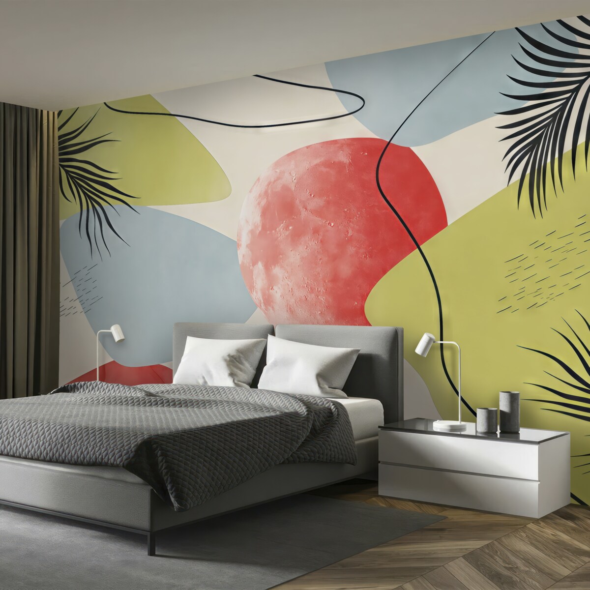 Fototapeta Abstrakcyjne plamy faktury, boho, liść palmy, linie, teksturowane, zielone, czerwone, niebieskie.