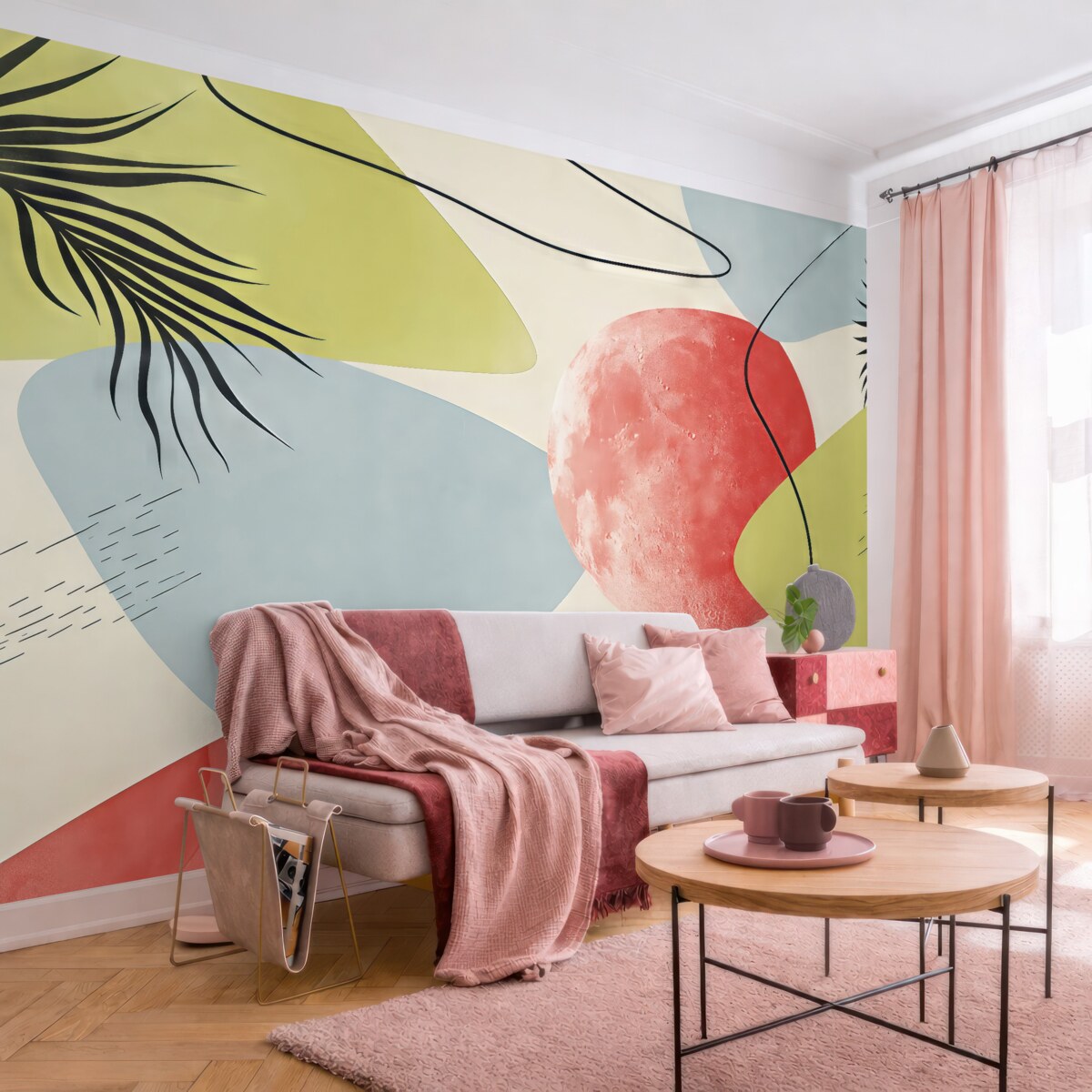 Fototapeta Abstrakcyjne plamy faktury, boho, liść palmy, linie, teksturowane, zielone, czerwone, niebieskie.