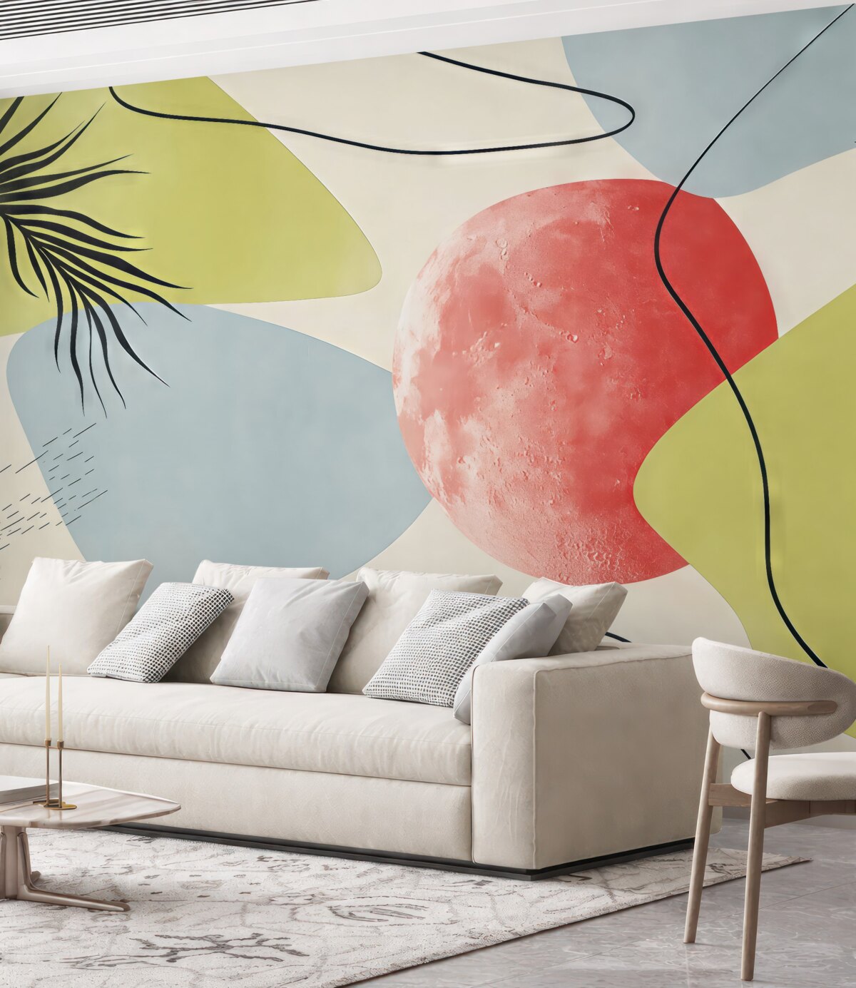 Fototapeta Abstrakcyjne plamy faktury, boho, liść palmy, linie, teksturowane, zielone, czerwone, niebieskie.