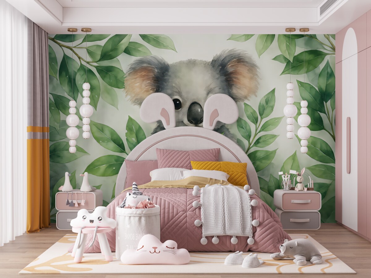 Fototapeta Koala przesiaduje na konarze wśród liści akwarela.