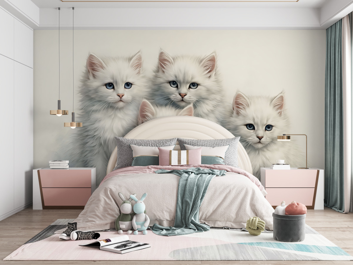 Fototapeta Białe, mięciutkie koty z niebieskimi oczami, siedzące na akwareli.