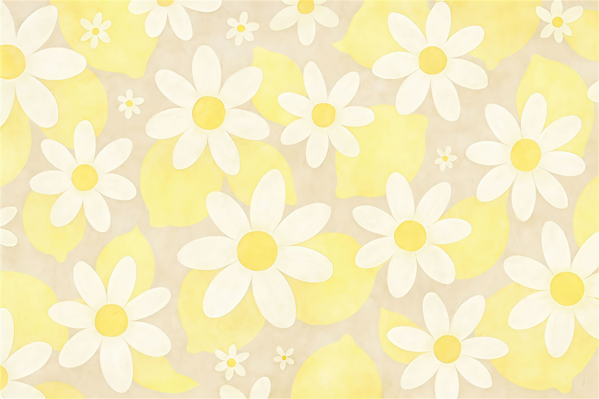 Fototapeta Cytryny oraz białe kwiaty roślinne, faktura, barwa jasnobeżowa i żółta.