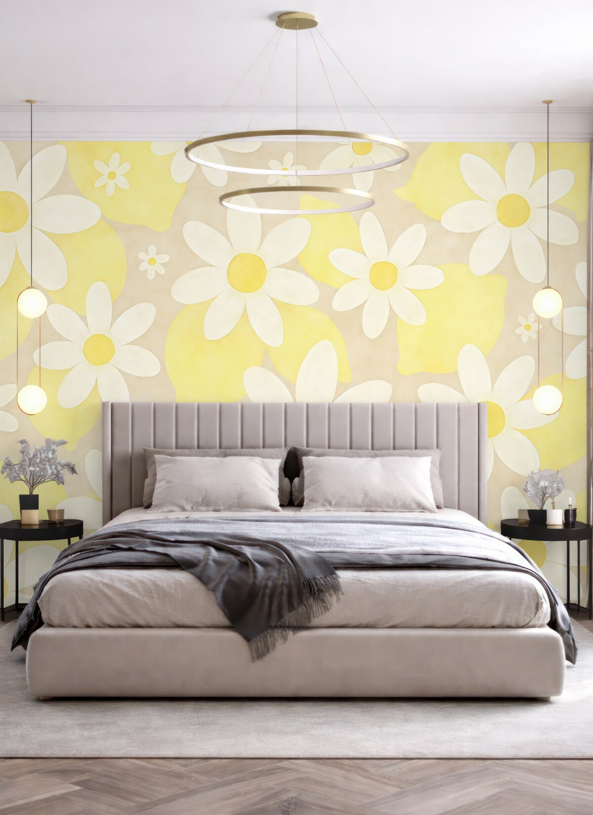 Fototapeta Cytryny oraz białe kwiaty roślinne, faktura, barwa jasnobeżowa i żółta.