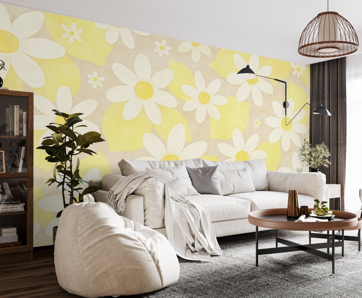 Fototapeta Cytryny oraz białe kwiaty roślinne, faktura, barwa jasnobeżowa i żółta.