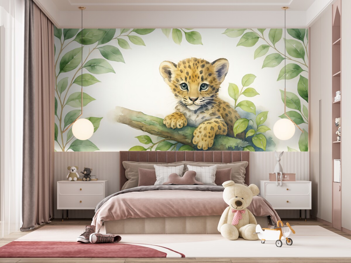 Fototapeta Mały lampart spoczywa na gałęzi w otoczeniu liści akwareli.