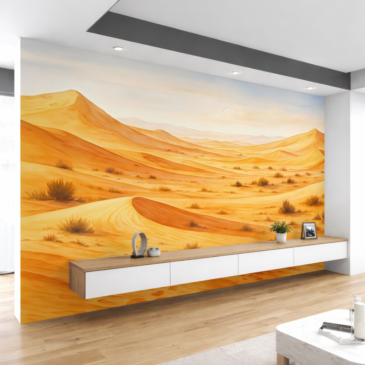 Fototapeta Wydmy na pustyni, akwarela pejzażu piasku, barwy niebieska i pomarańczowa.