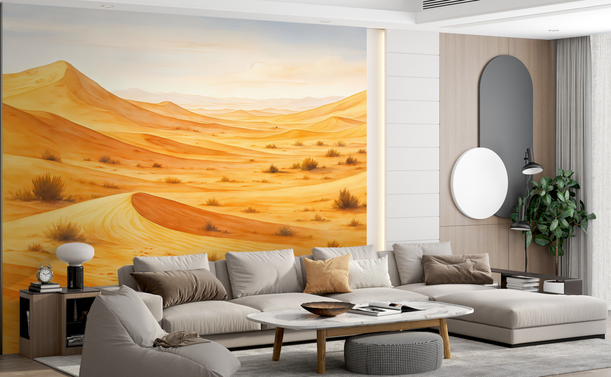 Fototapeta Wydmy na pustyni, akwarela pejzażu piasku, barwy niebieska i pomarańczowa.