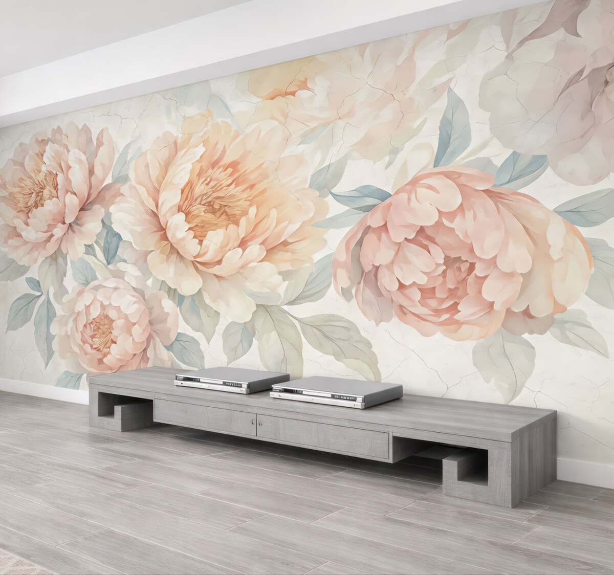 Fototapeta Bukiet dużych, delikatnych pastelowych różowych oraz białych kwiatów piwonii z zielonymi liśćmi na jasnym tle.