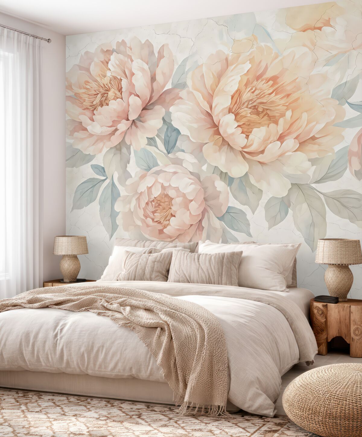 Fototapeta Bukiet dużych, delikatnych pastelowych różowych oraz białych kwiatów piwonii z zielonymi liśćmi na jasnym tle.