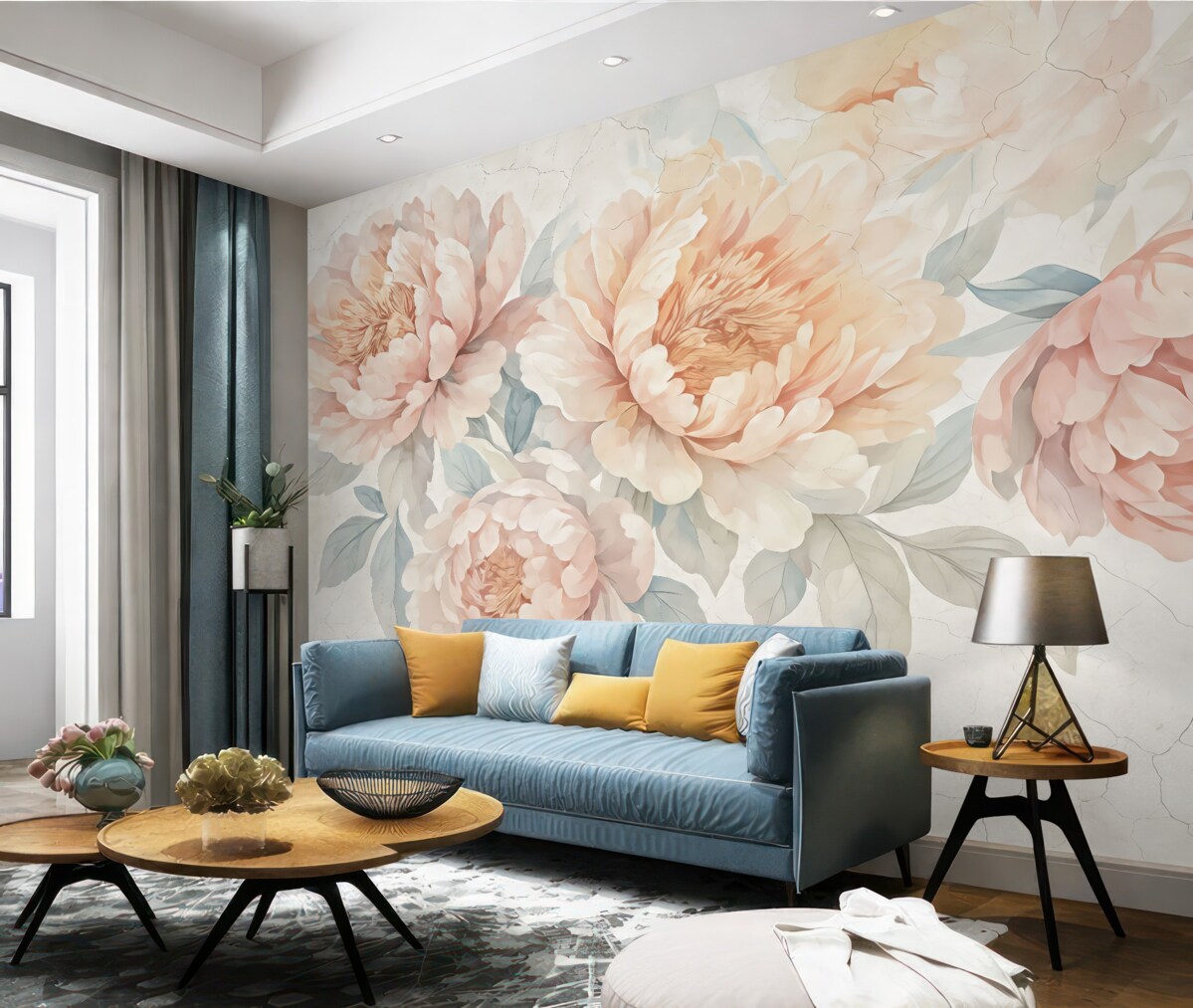 Fototapeta Bukiet dużych, delikatnych pastelowych różowych oraz białych kwiatów piwonii z zielonymi liśćmi na jasnym tle.