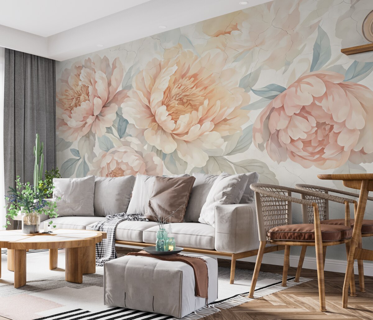 Fototapeta Bukiet dużych, delikatnych pastelowych różowych oraz białych kwiatów piwonii z zielonymi liśćmi na jasnym tle.