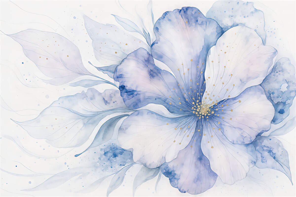Fototapeta Abstrakcyjny, teksturowany kwiat namalowany akwarelą w tonacjach niebieskiego, fioletowego i białego.